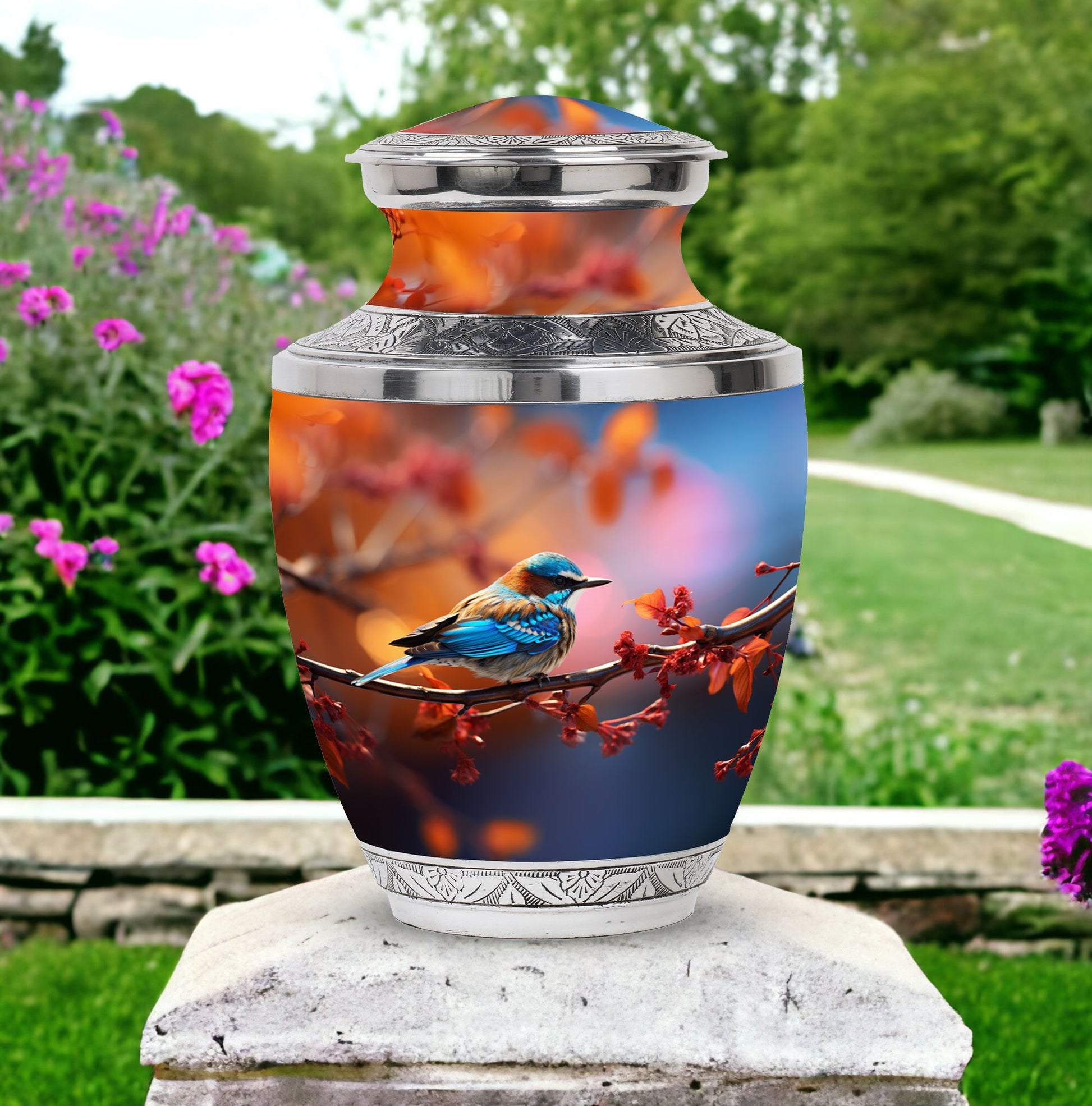 Blue Sparrow 3-inch Classic Memorial Urn, customized.