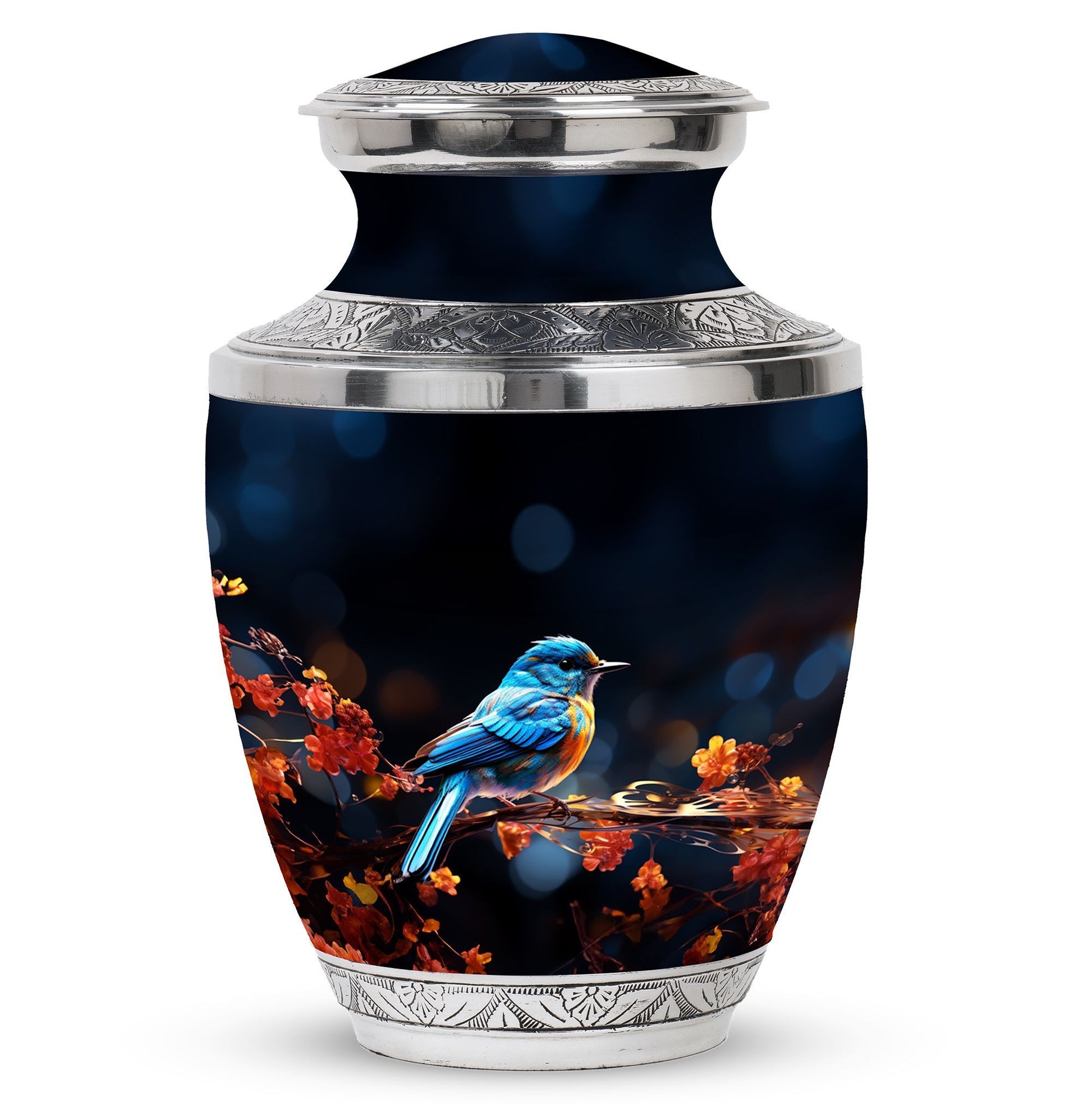 Classic Blue Sparrow Aluminium Urn for Human Ashes.