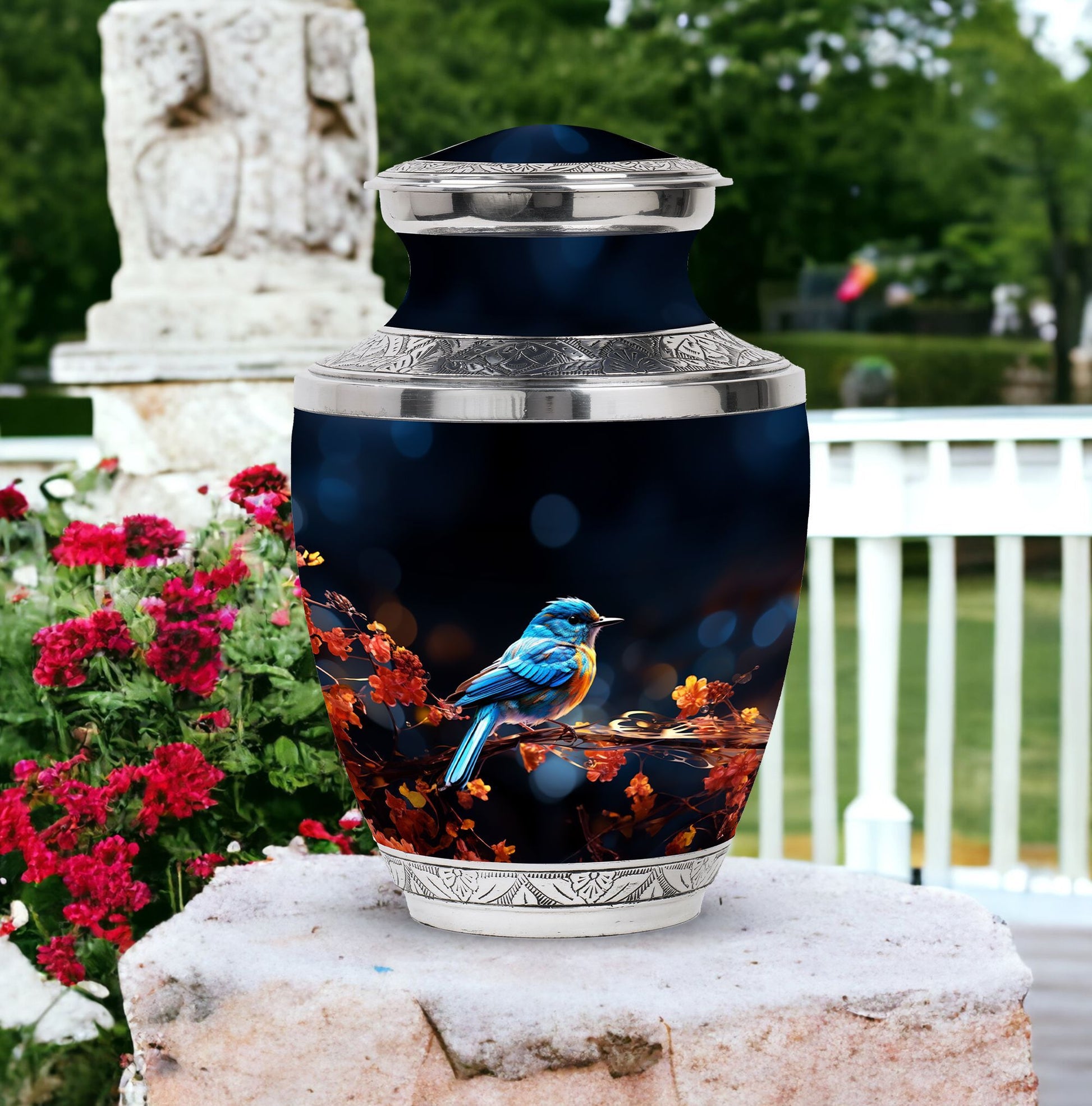 Classic Blue Sparrow Aluminium Urn for Human Ashes.