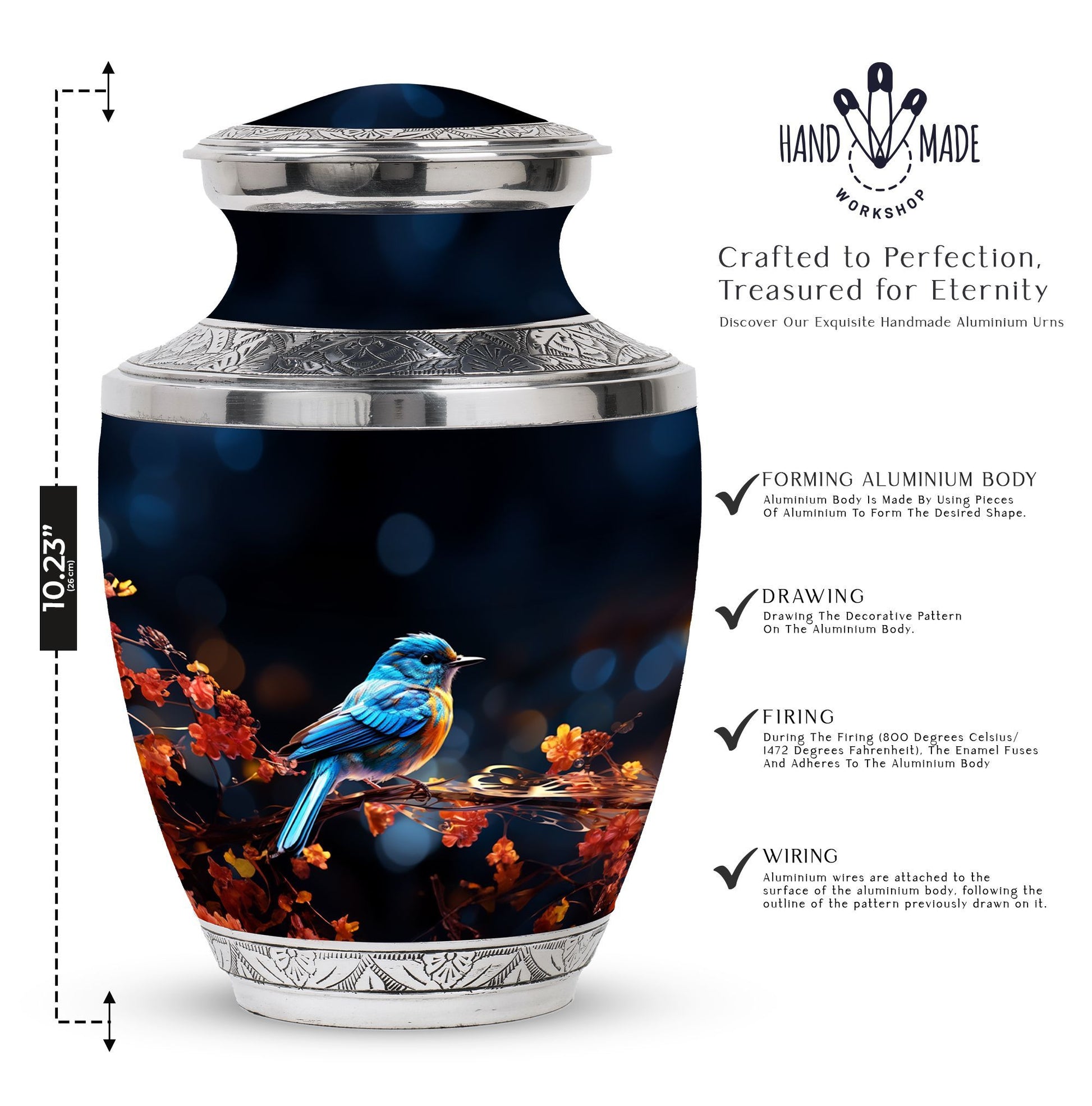 Classic Blue Sparrow Aluminium Urn for Human Ashes.