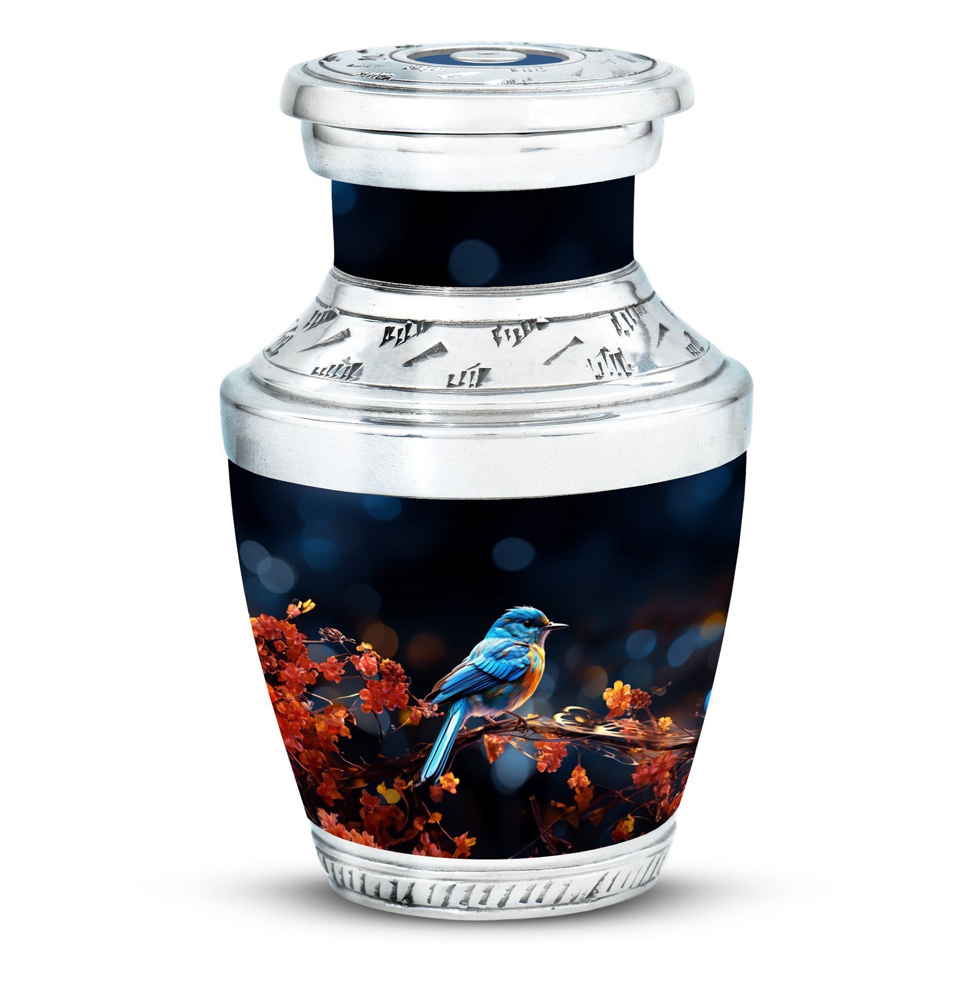 Classic Blue Sparrow Aluminium Urn for Human Ashes.