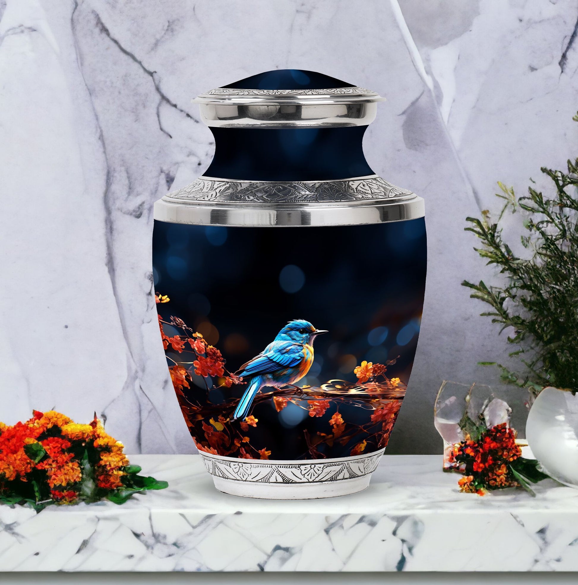 Classic Blue Sparrow Aluminium Urn for Human Ashes.