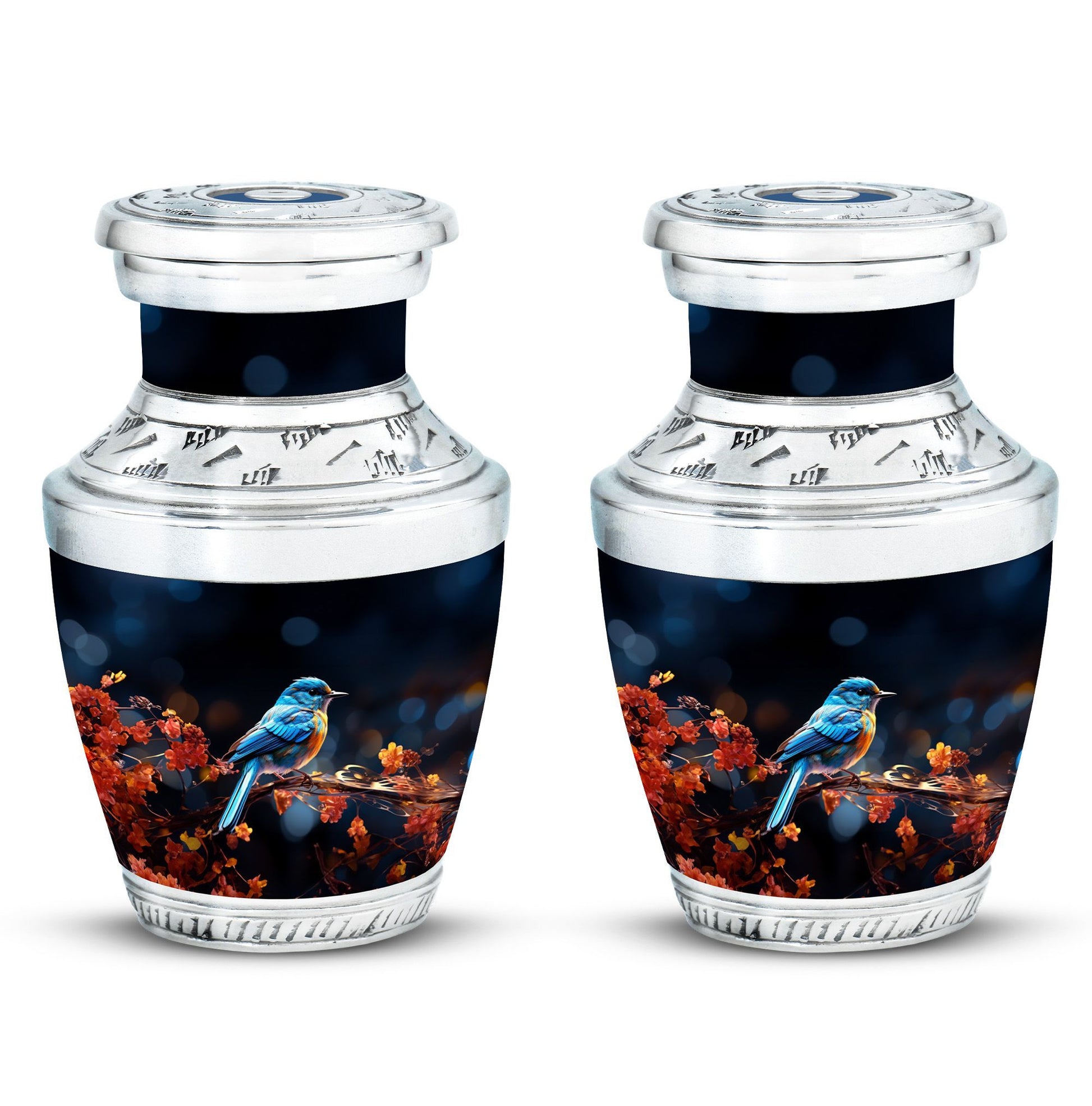 Classic Blue Sparrow Aluminium Urn for Human Ashes.