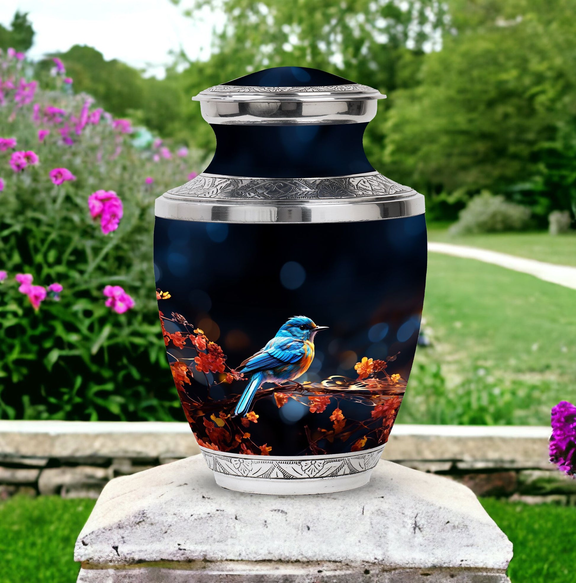 Classic Blue Sparrow Aluminium Urn for Human Ashes.