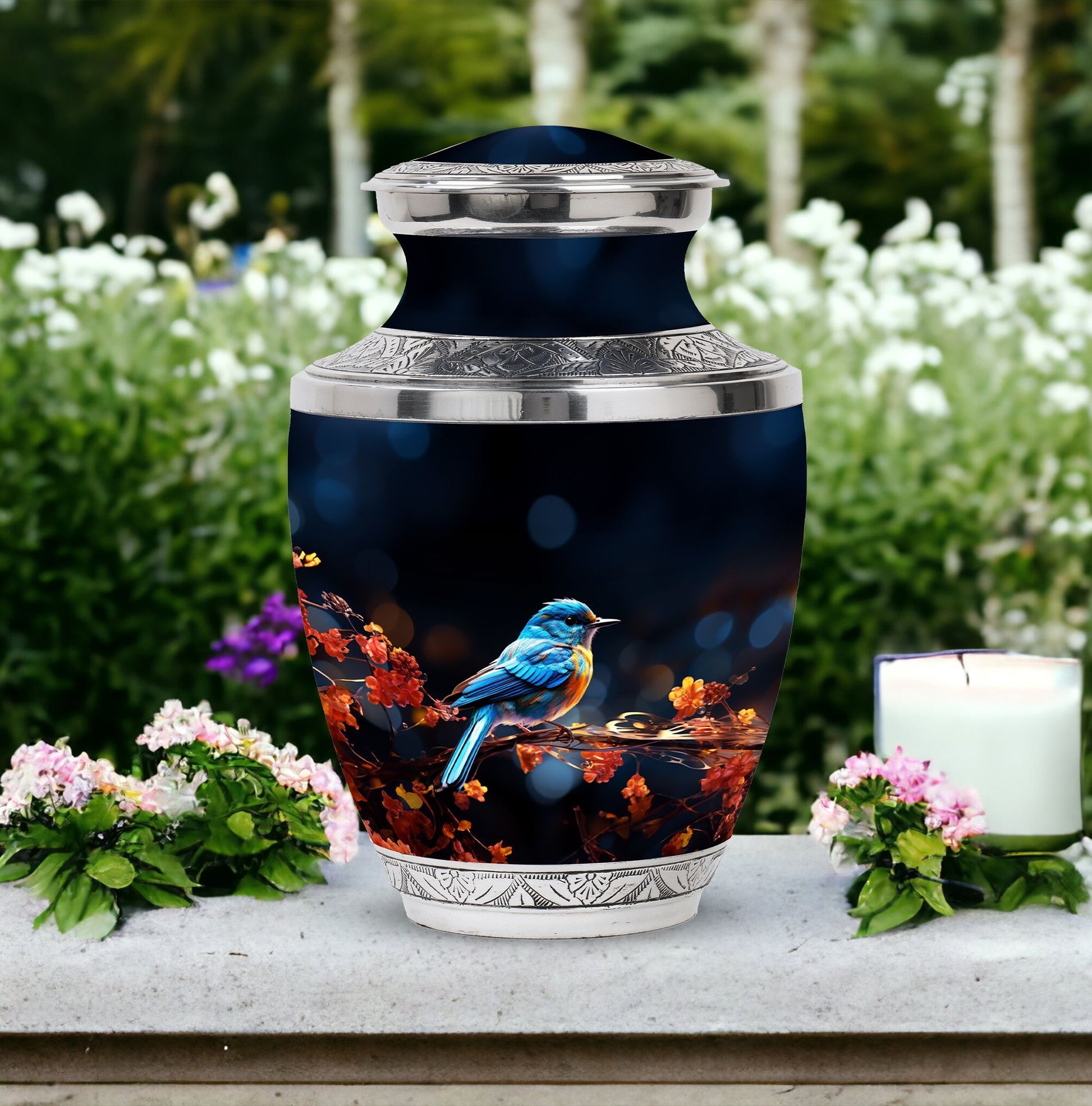 Classic Blue Sparrow Aluminium Urn for Human Ashes.