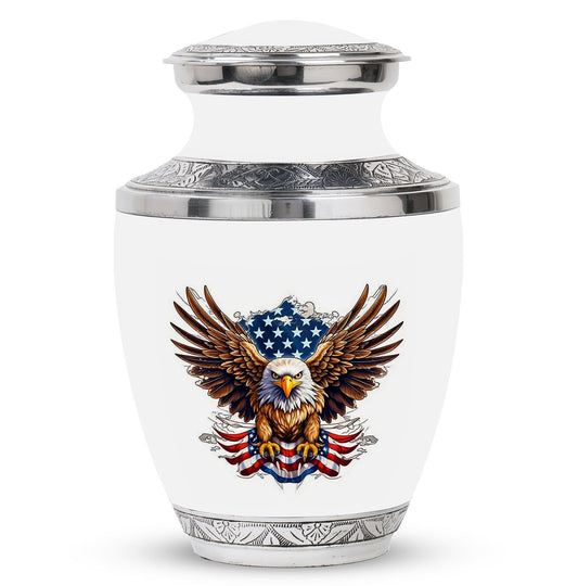 classic urn for ashes with eagle and American flag design.