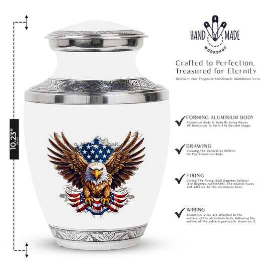 classic urn for ashes with eagle and American flag design.