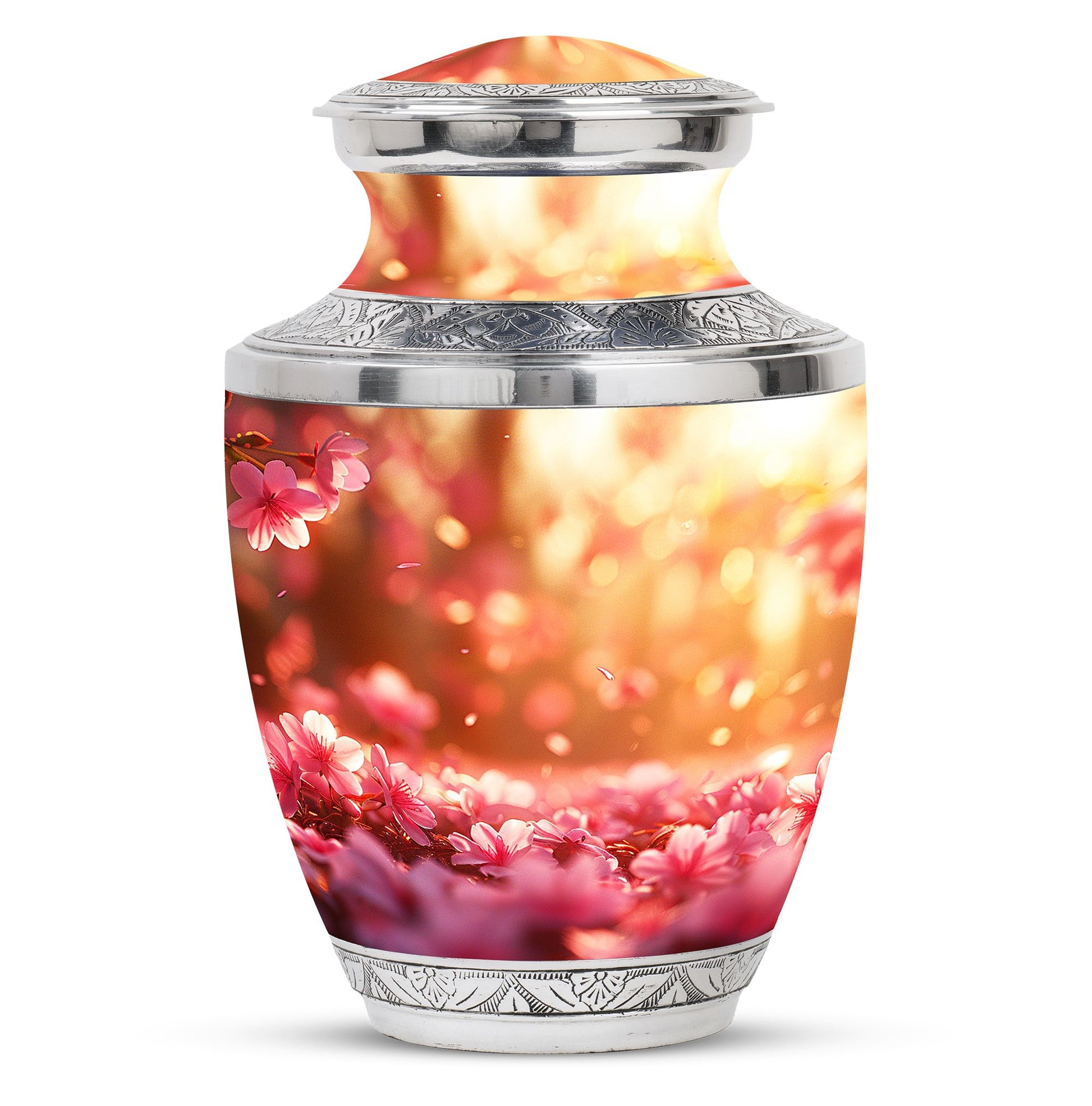 Pink color Flower Urn, an ashes holder or cremation box, commonly used as a funeral or memorial urn