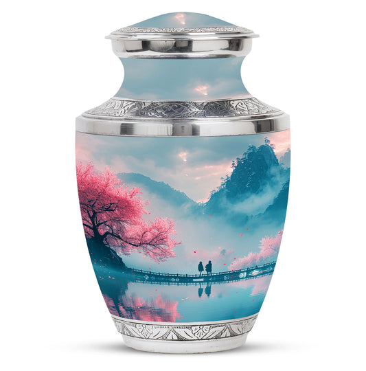 Mountain themed, medium sized Blue Cremation Urn designed for men, suitable for burial and storing adult human ashes