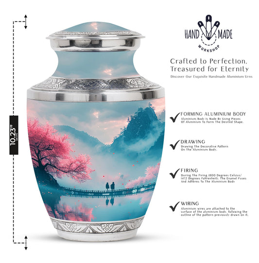 Mountain themed, medium sized Blue Cremation Urn designed for men, suitable for burial and storing adult human ashes