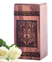 Large wood funeral urn designed for human ashes, adult female-focused, with intricate wolf features