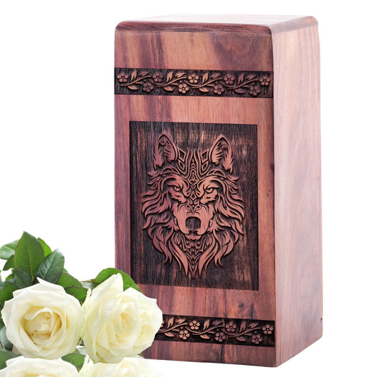 Large wood funeral urn designed for human ashes, adult female-focused, with intricate wolf features