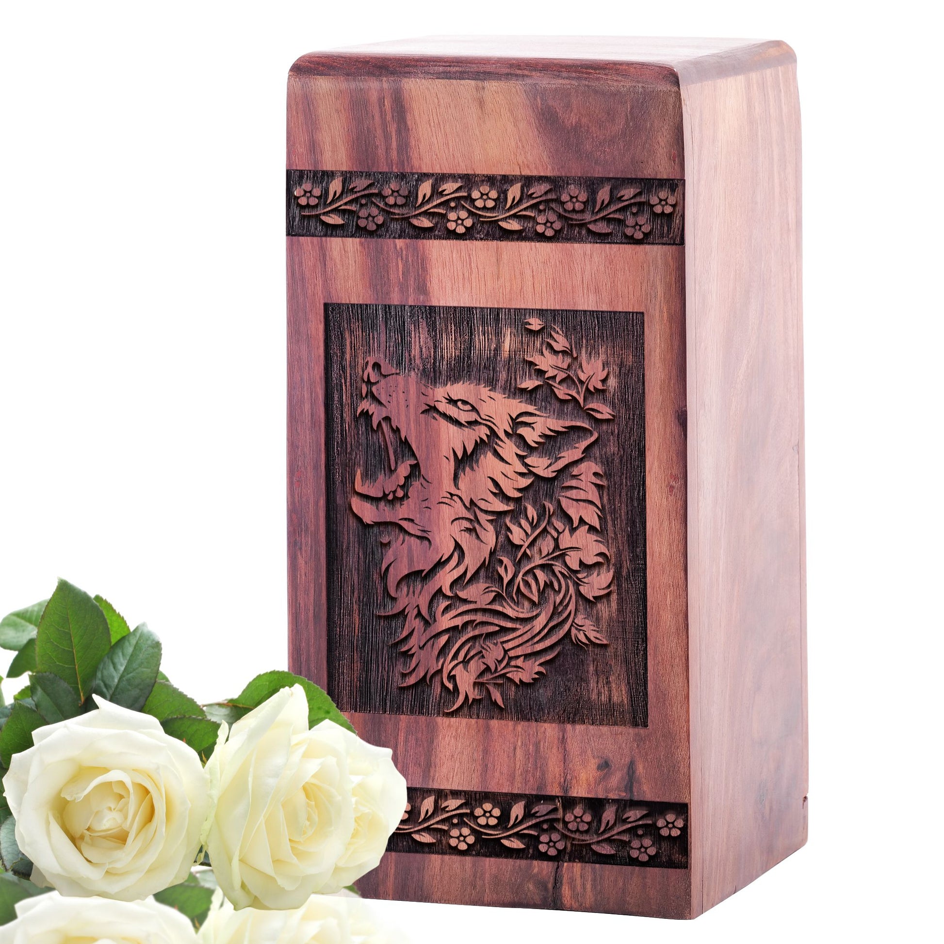 Large wooden Wolf Urns for adult female human ashes, ideal for cremation memorials.