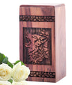 Large wooden Wolf Urns for adult female human ashes, ideal for cremation memorials.