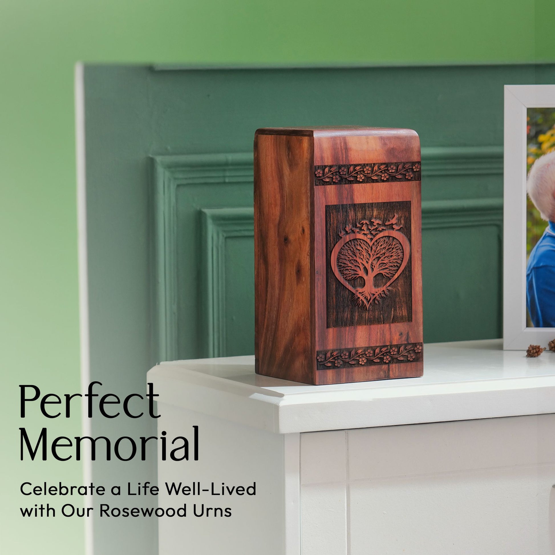 Large wood Tree of Life urn for men's ashes, made from biodegradable material suitable for cremations