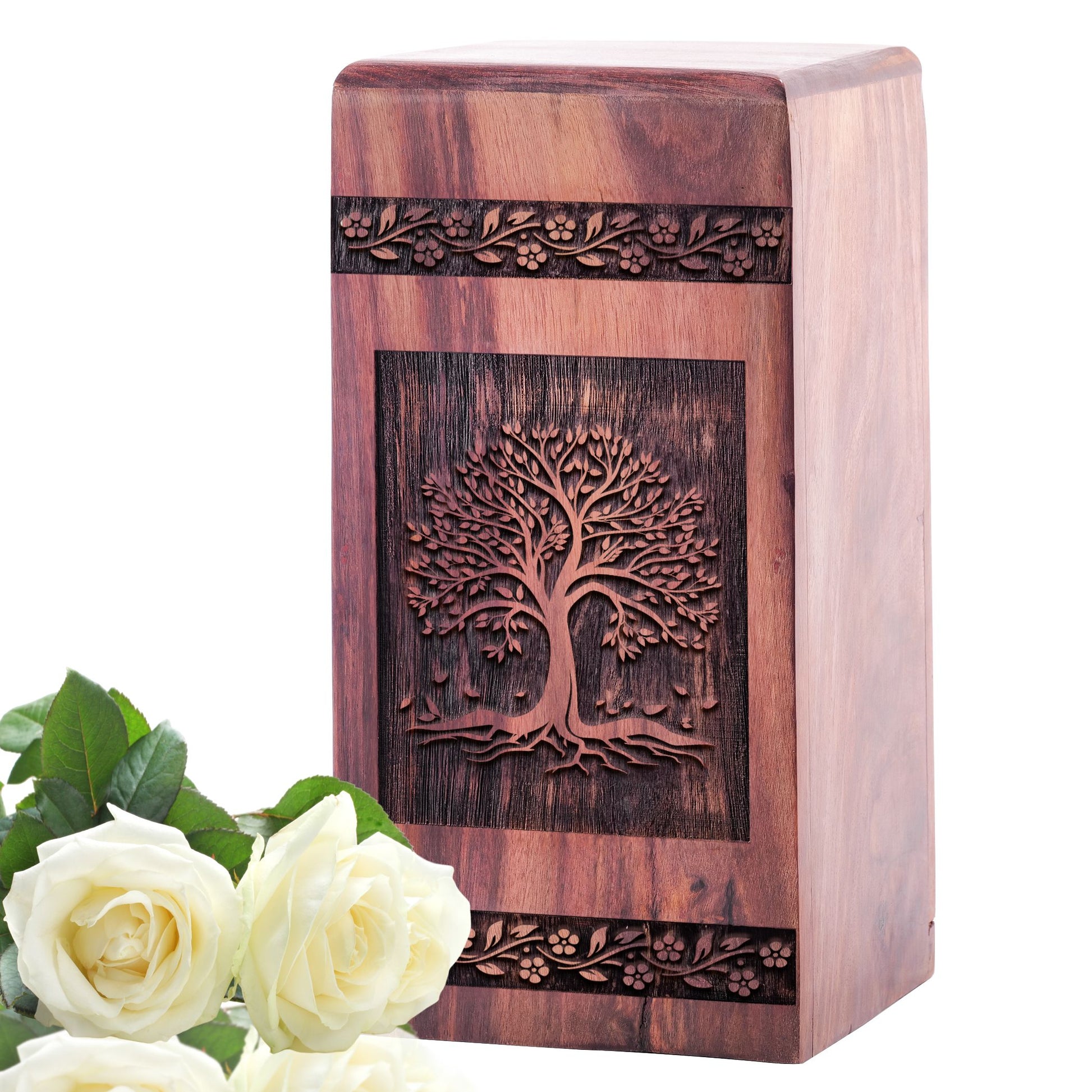 Carved wooden Tree Of Life Urn for adult human ashes, suitable for burial or cremation