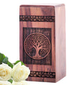 Large wooden urn, depicting symbolic 'Tree of Life', suitable for cremation ashes, burial and decorative purposes