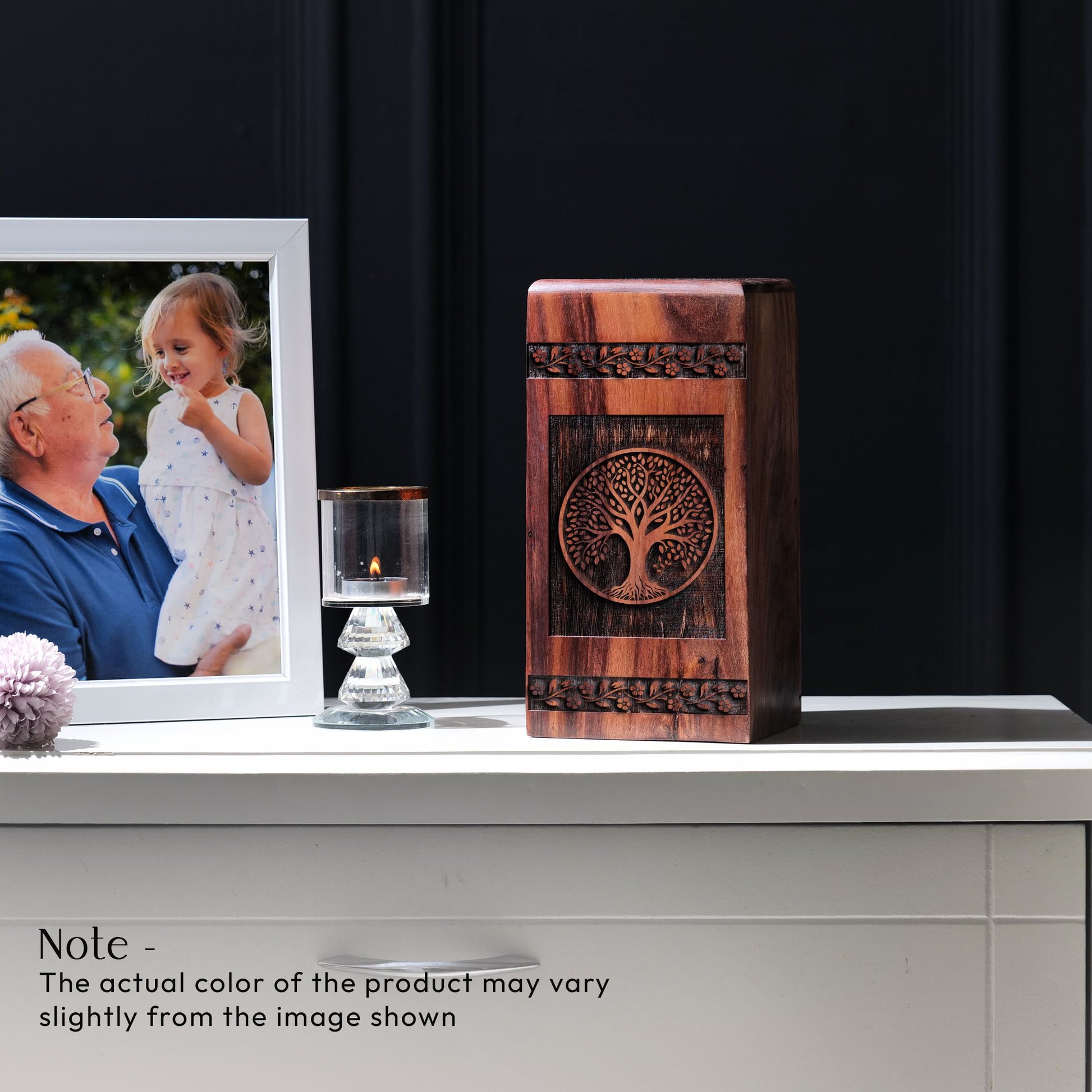 Large wooden urn, depicting symbolic 'Tree of Life', suitable for cremation ashes, burial and decorative purposes