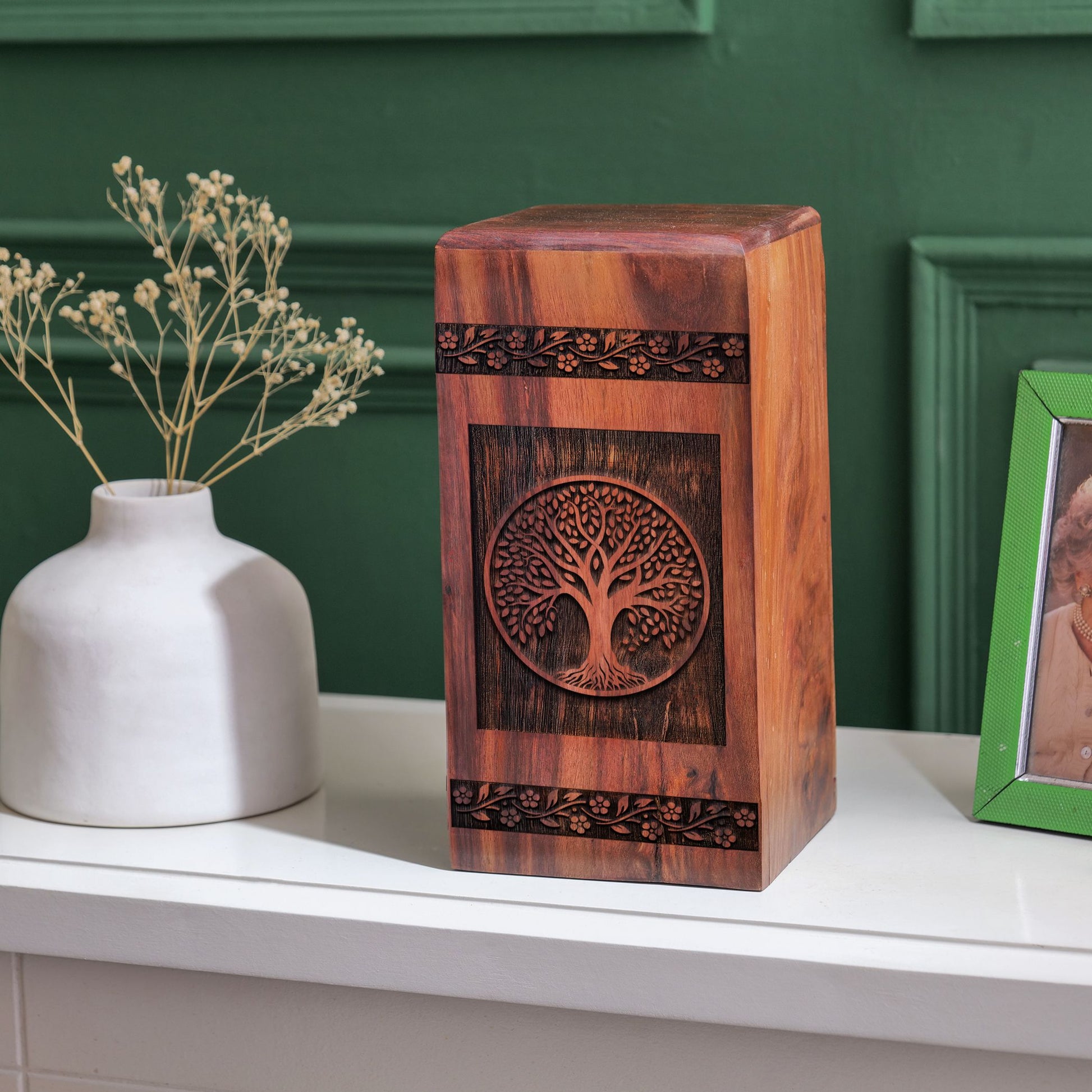 Large wooden urn, depicting symbolic 'Tree of Life', suitable for cremation ashes, burial and decorative purposes