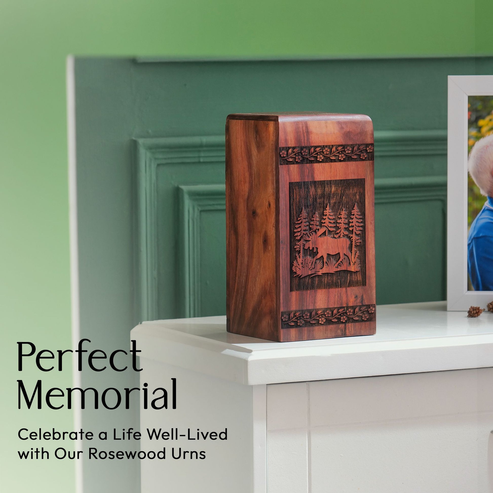 Large wooden urn suitable for adult-sized ashes, ideal for preserving memories of a loved one