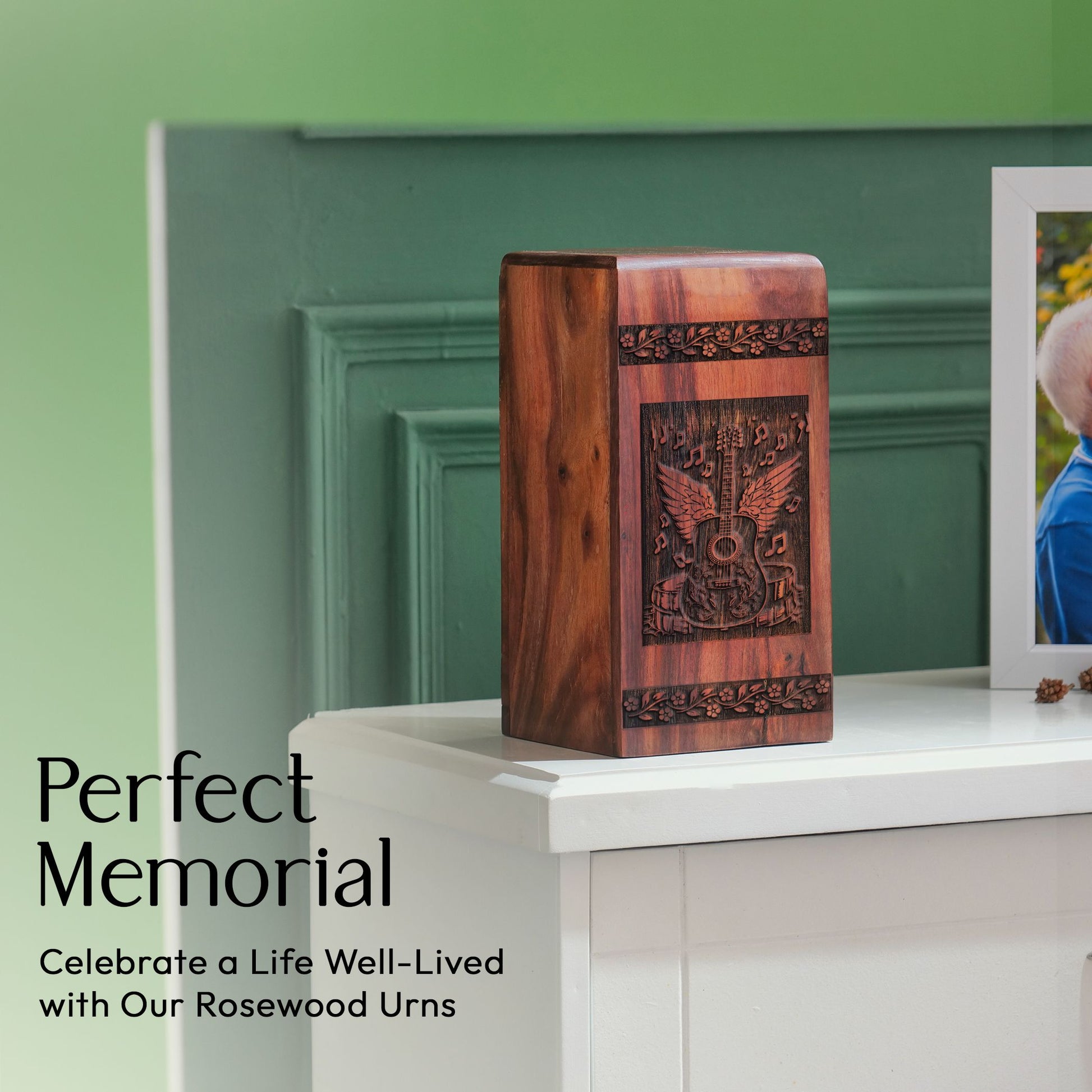 Unique wooden guitar urn for adult human ashes, ideal for funeral decorations and women's memorial services