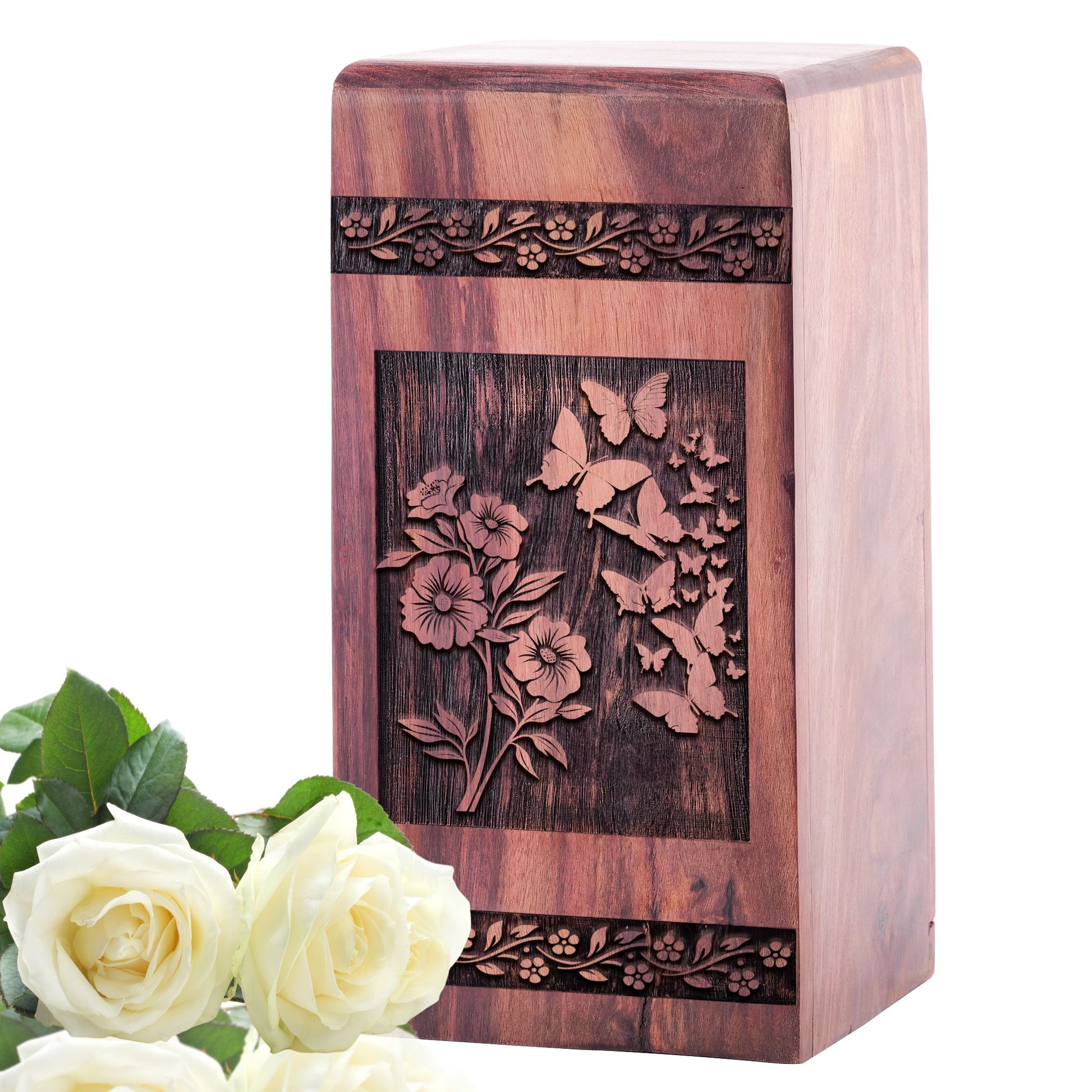 Large wooden Butterfly Cremation Urn, a perfect Memorial Urn for holding human ashes with a feminine touch.