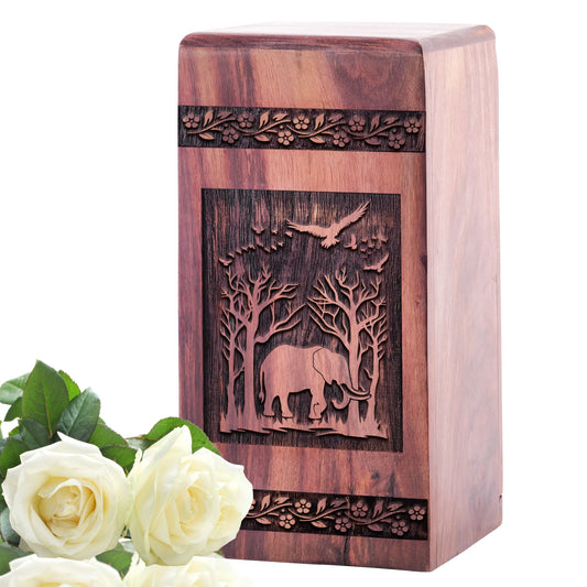 Large wooden urn featuring an elephant design, suitable for storing adult male human ashes.