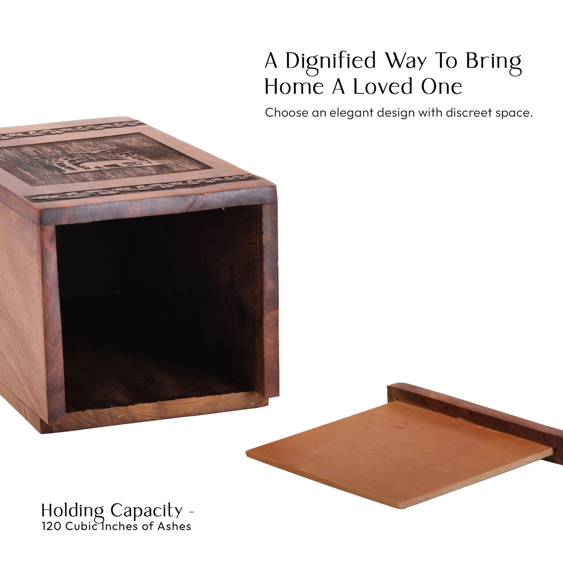 Large wooden urn featuring an elephant design, suitable for storing adult male human ashes.