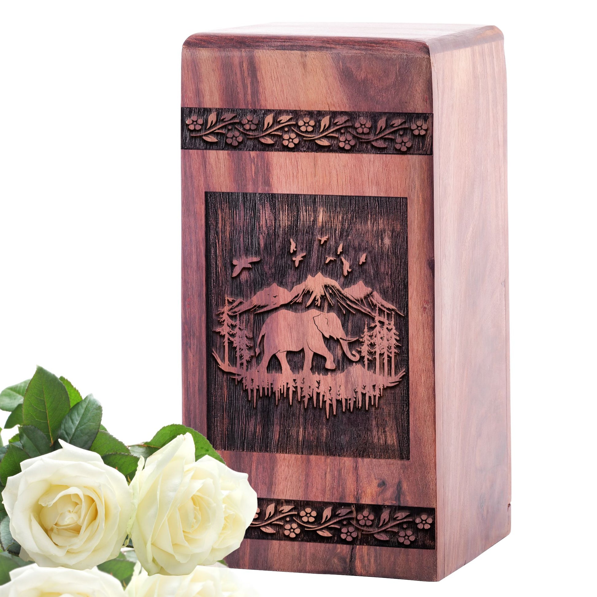 Large, wooden elephant shaped urn for burial ashes, perfect memorial for adult human remains