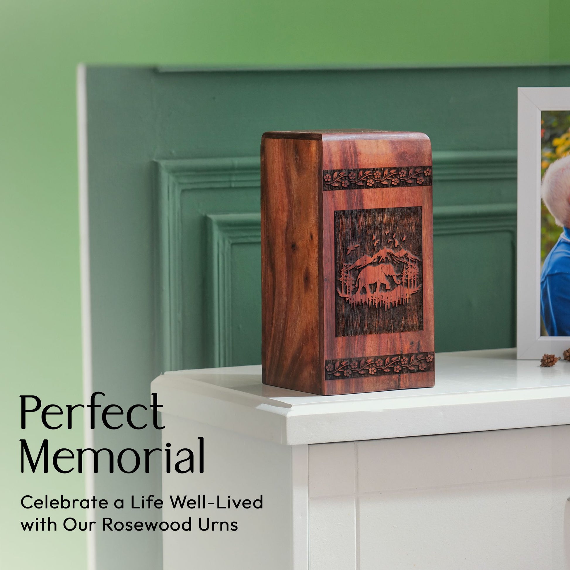 Large, wooden elephant shaped urn for burial ashes, perfect memorial for adult human remains