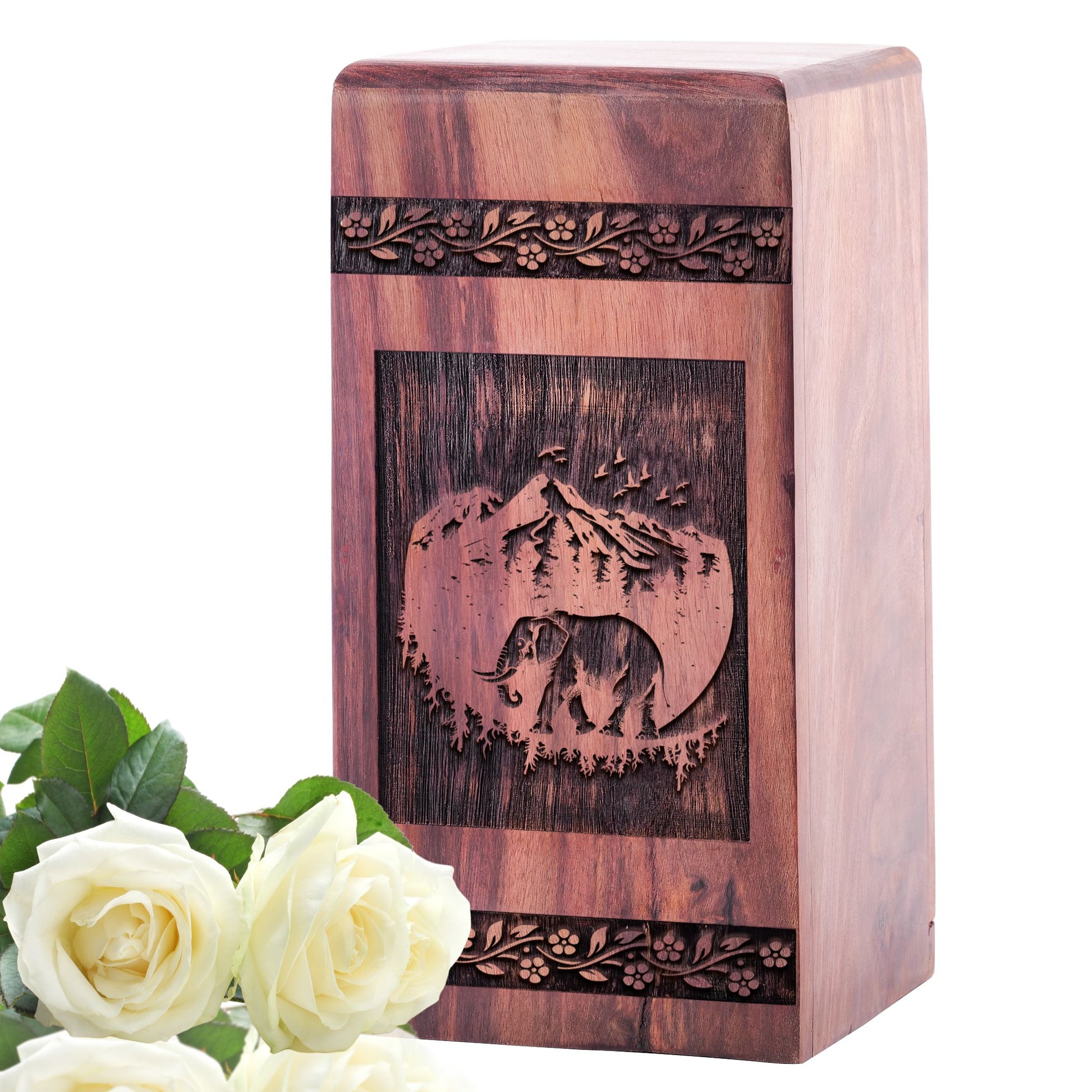 Large, wooden Elephant Urn serving as decorative Ash Container for human ashes, suitable for adult cremation.