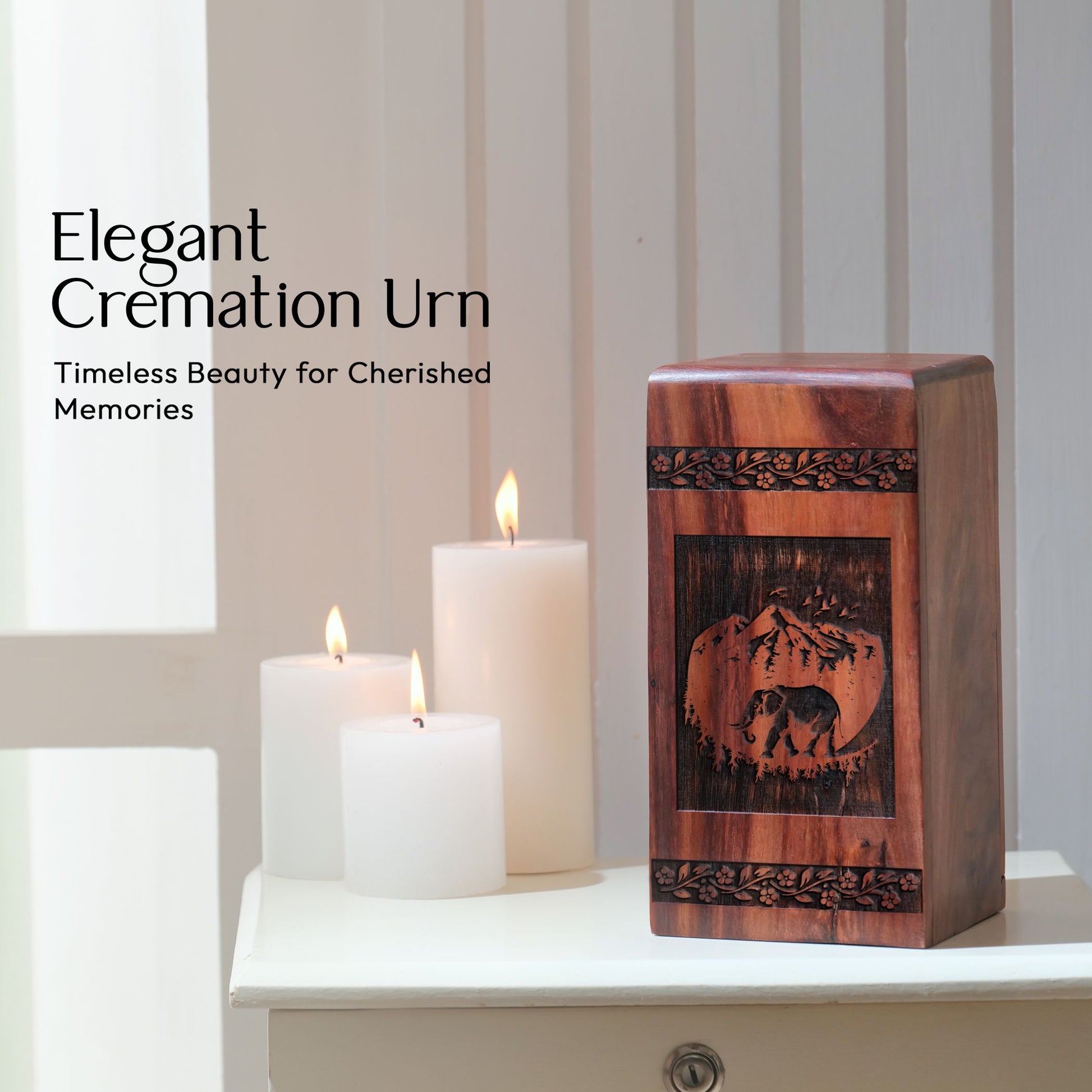 Large, wooden Elephant Urn serving as decorative Ash Container for human ashes, suitable for adult cremation.