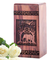 Large wooden urn fashioned in the shape of an elephant, ideal for human ashes, burial, and portable usage