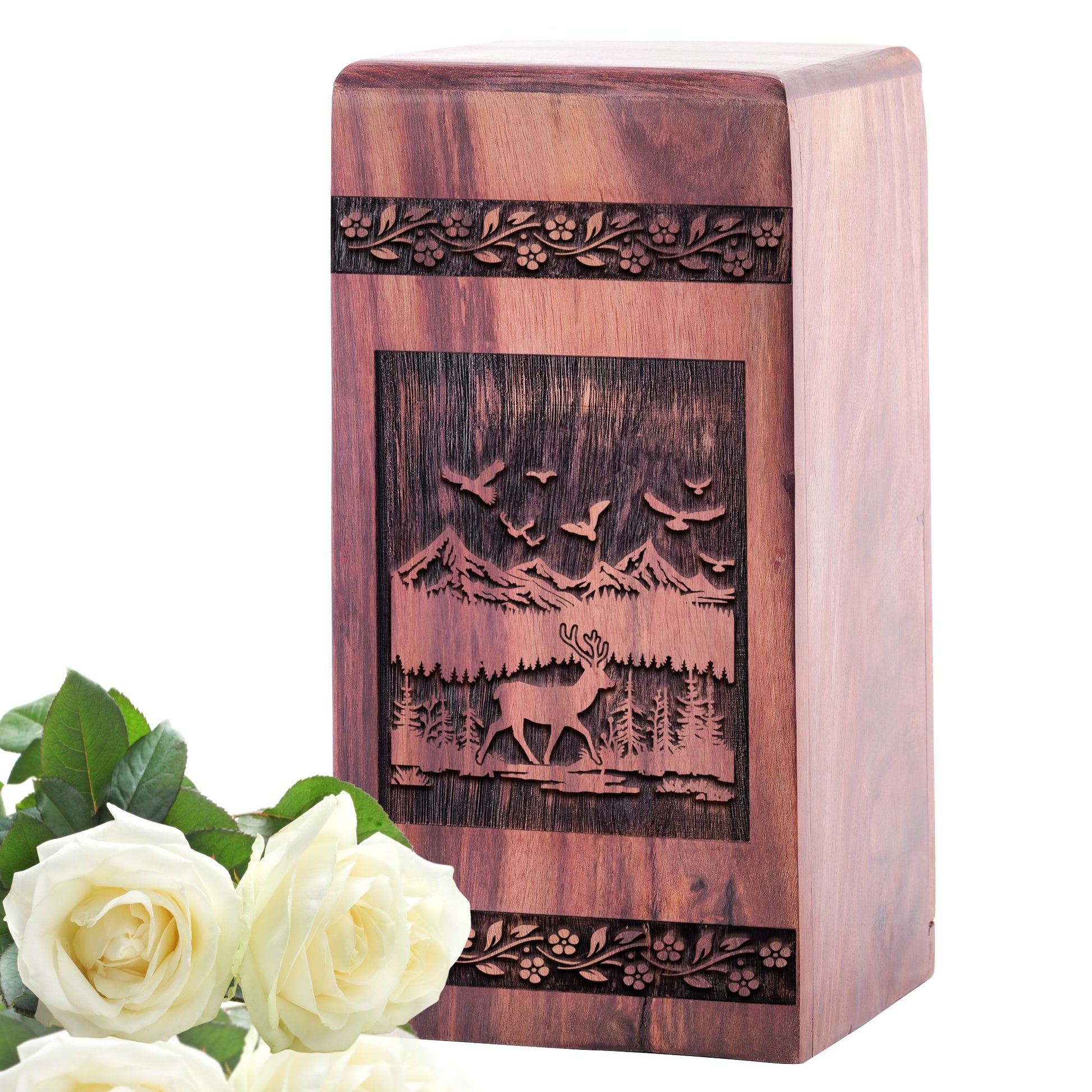 Large, wooden Deer Urn designed for storing adult human ashes, a suitable ash holder for remaining memories