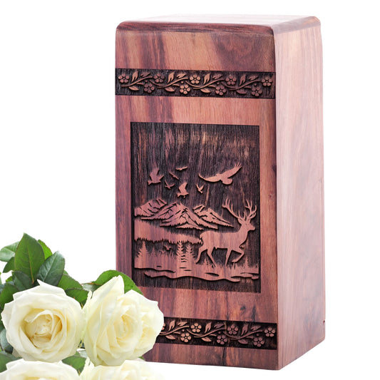 Large wooden Deer Urn, ideal funeral urn for adult ashes. Suitable for Dad's cremation.