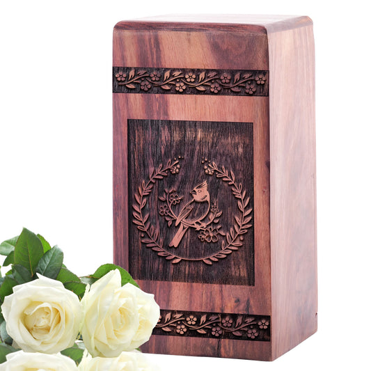 Stylish, large wooden urn for human ashes, ideal for adult male or female, known as Cardinal urn.