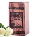 Artfully crafted bear-themed wooden urns, ideal for preserving adult human ashes, suitable for both male and female