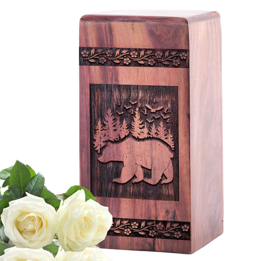 Artfully crafted bear-themed wooden urns, ideal for preserving adult human ashes, suitable for both male and female