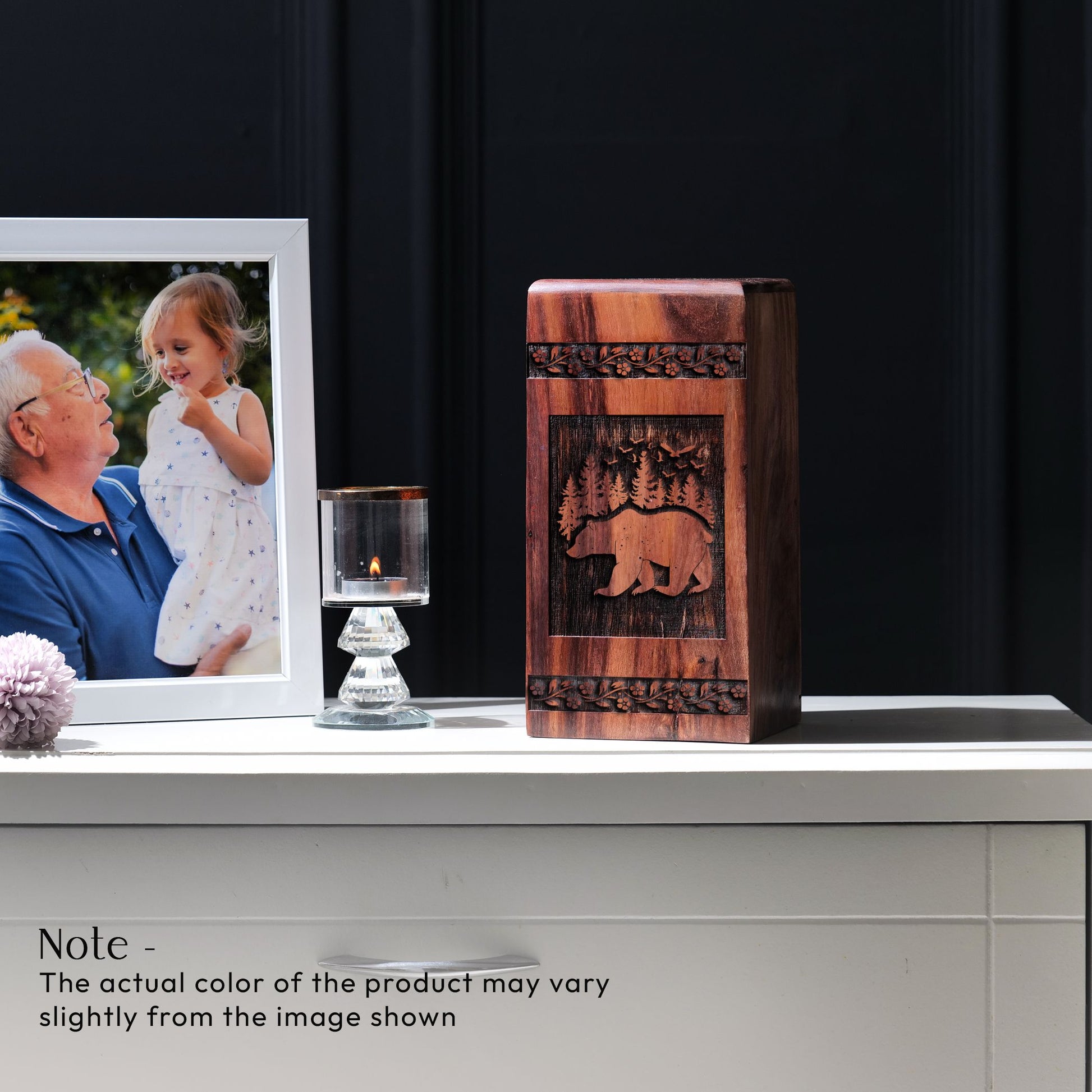 Artfully crafted bear-themed wooden urns, ideal for preserving adult human ashes, suitable for both male and female