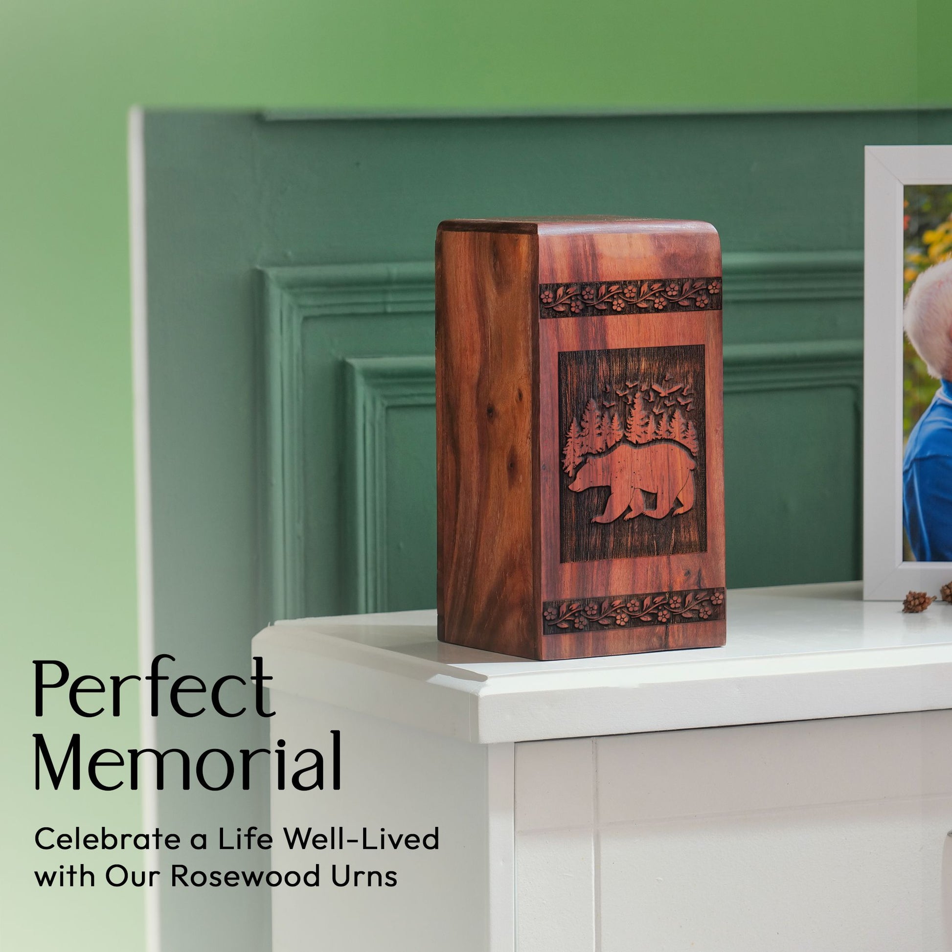 Artfully crafted bear-themed wooden urns, ideal for preserving adult human ashes, suitable for both male and female