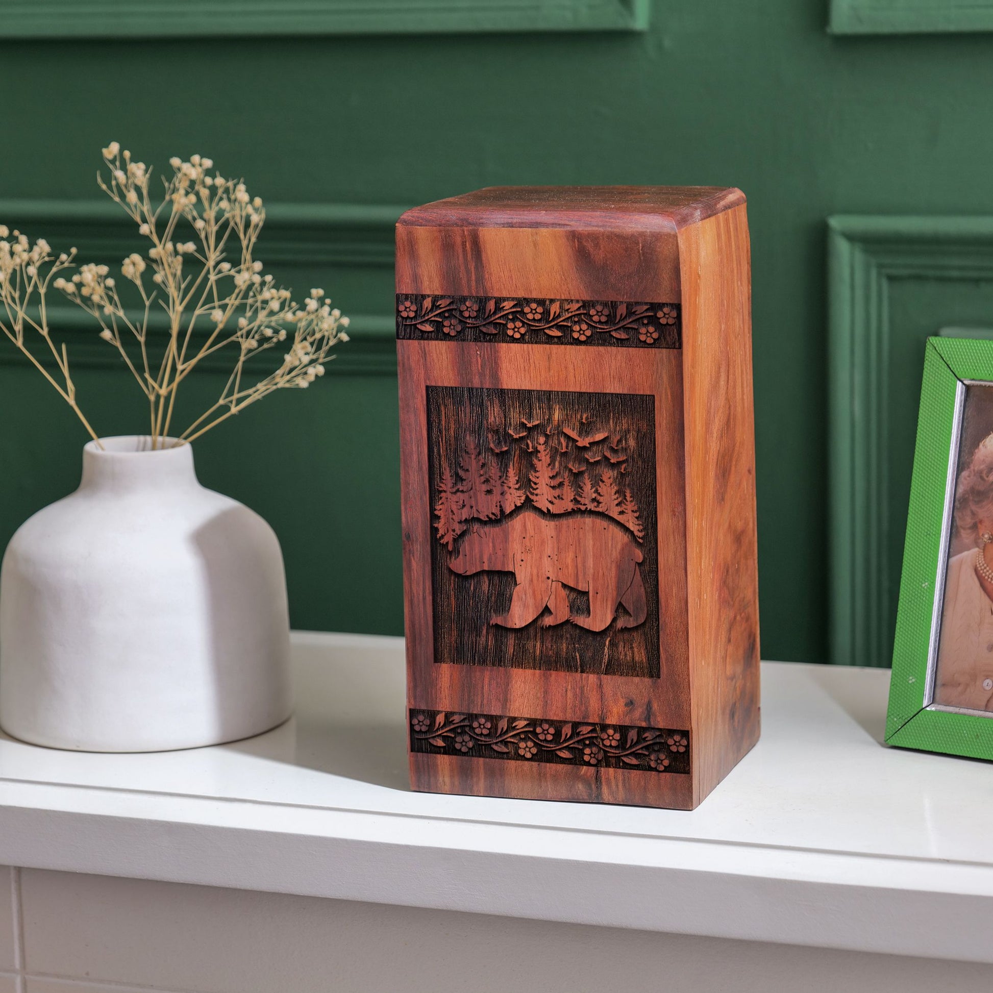 Artfully crafted bear-themed wooden urns, ideal for preserving adult human ashes, suitable for both male and female