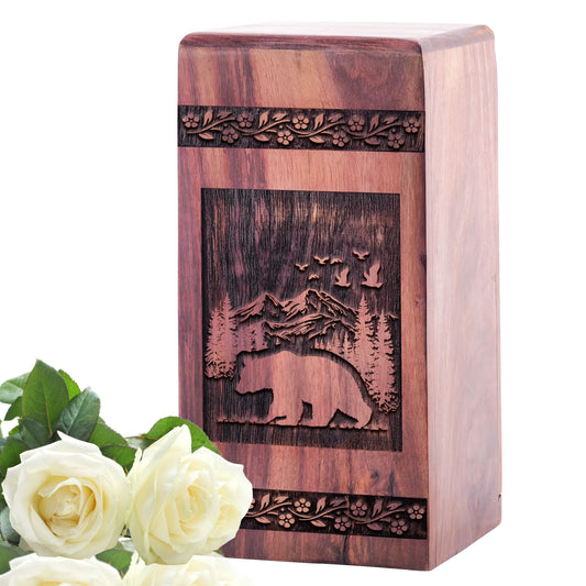 Large wooden bear shaped burial urn for adult human ashes, suitable as a memorial or memento for mom