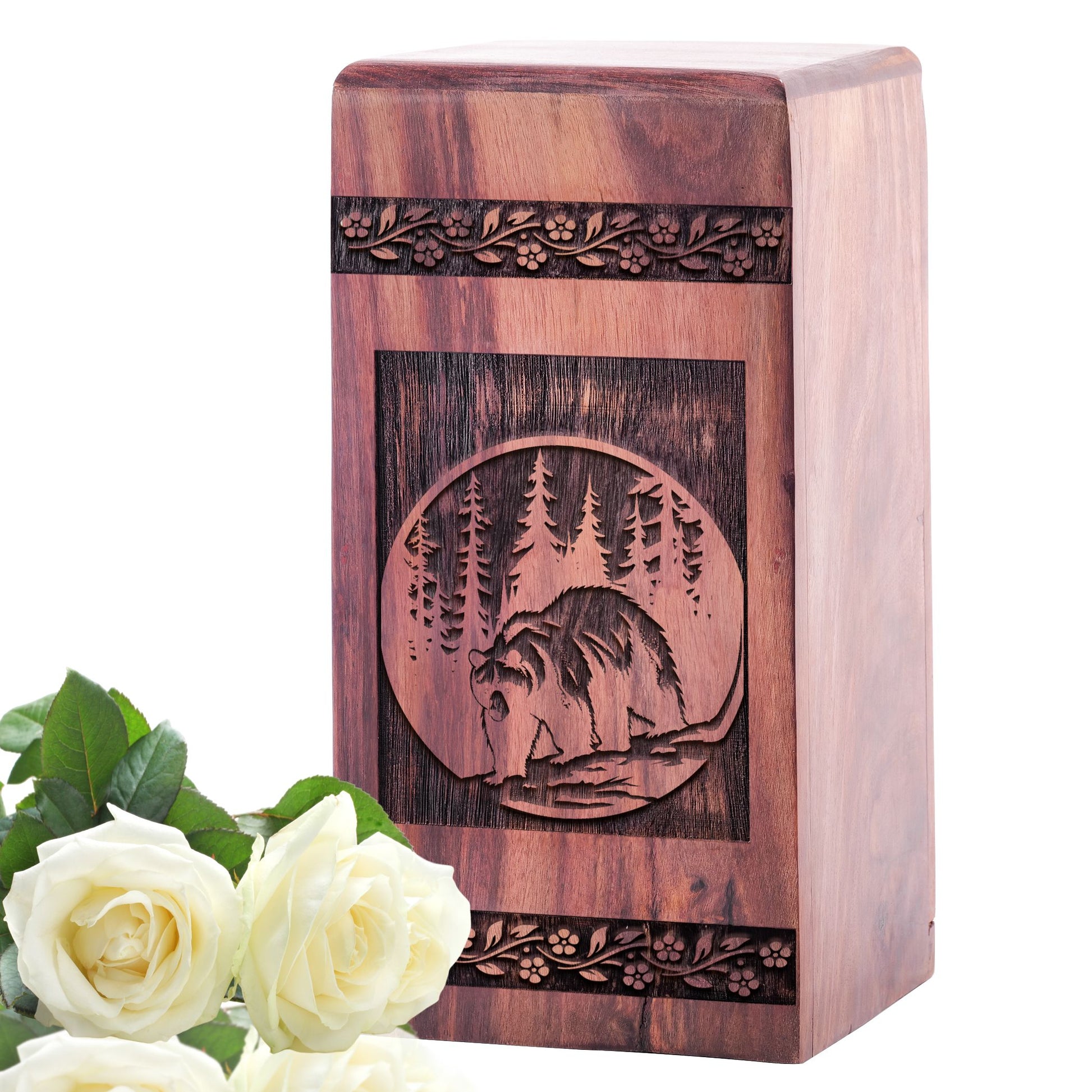 Hand-crafted bear shaped wooden urn for human ashes, ideal for adult female cremation, specifically mothers' burial