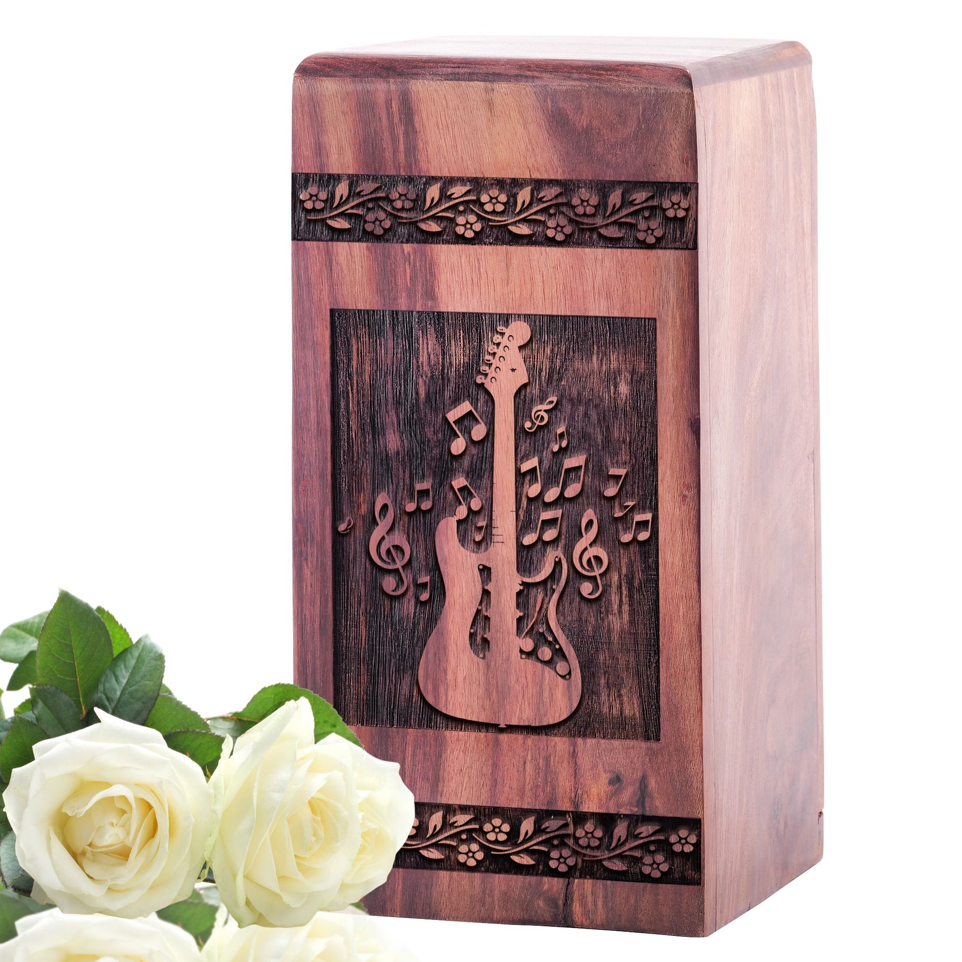 Large wooden urn designed like a guitar for human ashes, suitable for cremated remains of male dad, female mother, or adults