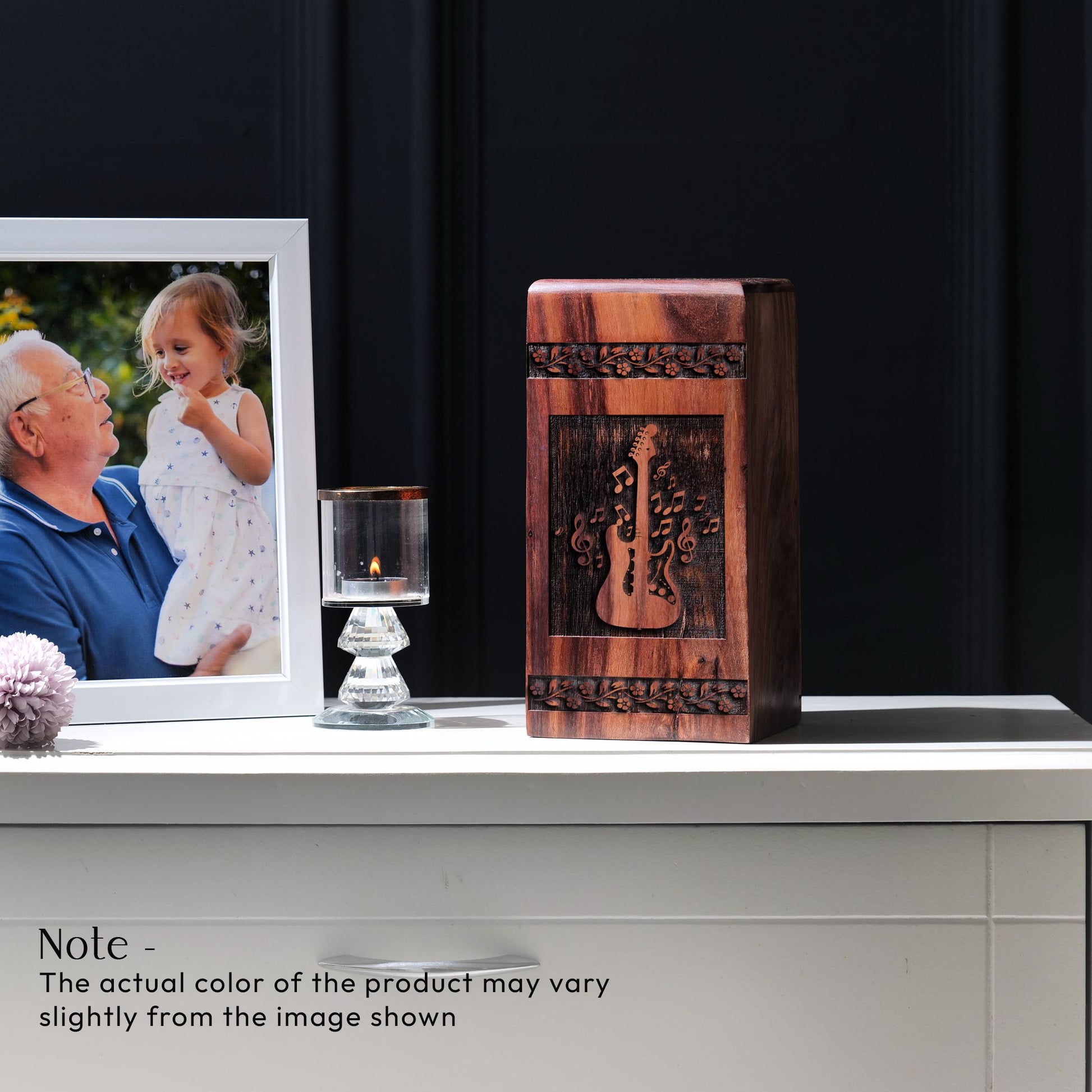 Large wooden urn designed like a guitar for human ashes, suitable for cremated remains of male dad, female mother, or adults