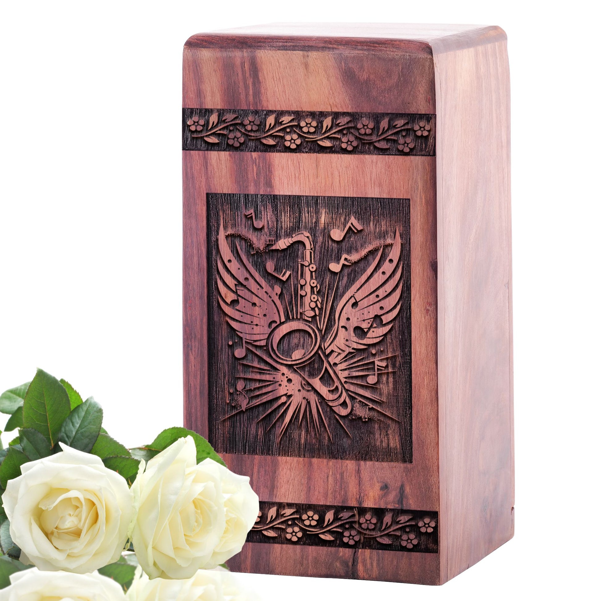 Large wooden cremation urn designed for adult male music lovers, perfect for preserving human ashes