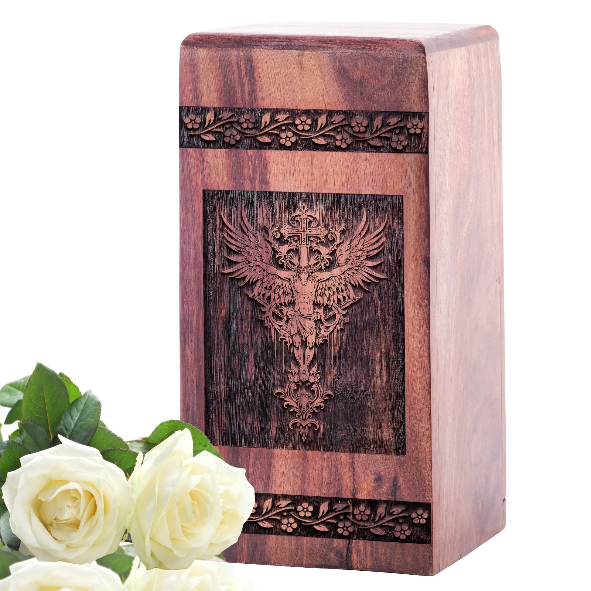 Large, unique wood Jesus Urn, a distinctive choice for adult man ashes or mom ashes, crafted for cremation purposes.