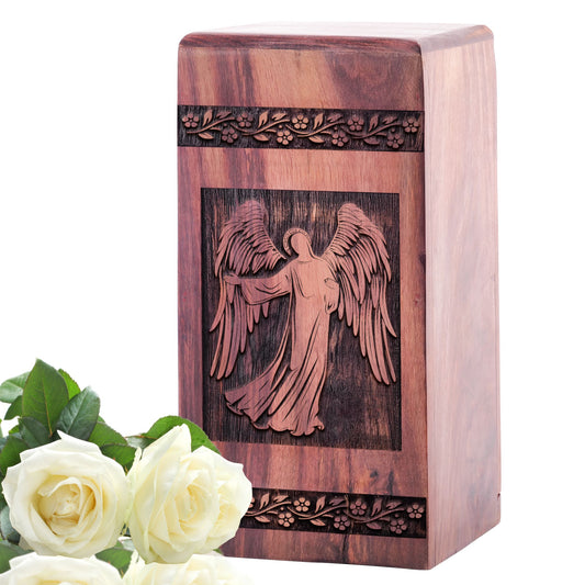 Jesus engraving on wooden cremation urn, suitable container for adult female human ashes