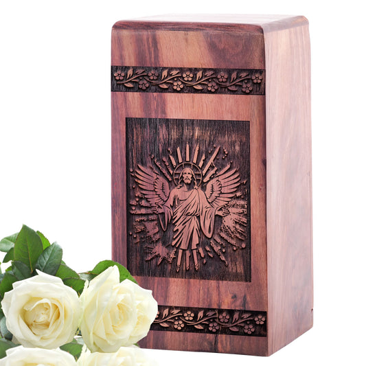 Quality wooden Jesus urn suitable for men's cremation ashes