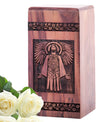 Large Jesus urn crafted from wood, suitable for adult human ashes, ideal for cremation or burial purposes